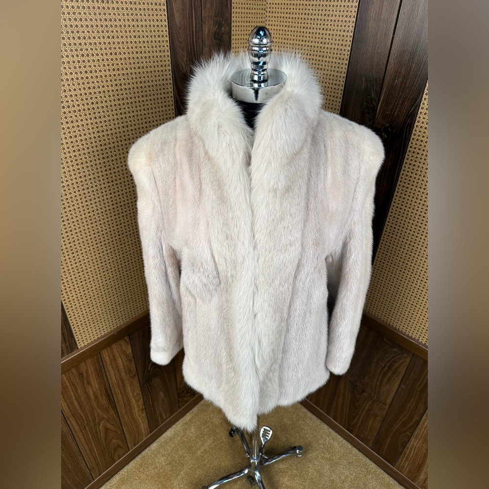 BEAUTIFUL VINTAGE HIGBEE’S IVORY MINK & FOX COLLAR FUR COAT JACKET SIZE MEDIUM - Picture 2 of 12